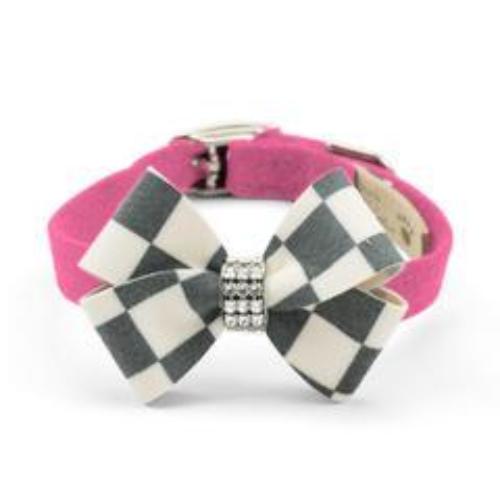 WINDSOR CHECK NOUVEAU BOW DOG COLLAR - PERFECT PINK, Collars - Bones Bizzness
