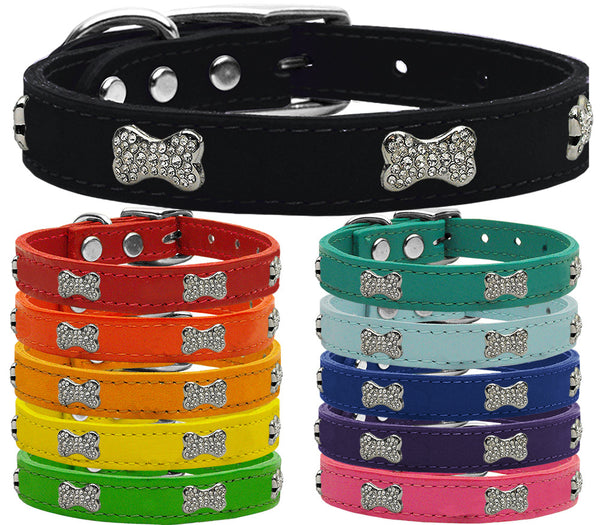 CRYSTAL BONE LEATHER DOG COLLARS (11 COLORS), Collars - Bones Bizzness