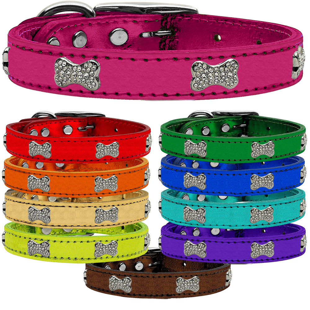 CRYSTAL BONE METALLIC LEATHER DOG COLLARS (10 COLORS), Collars - Bones Bizzness