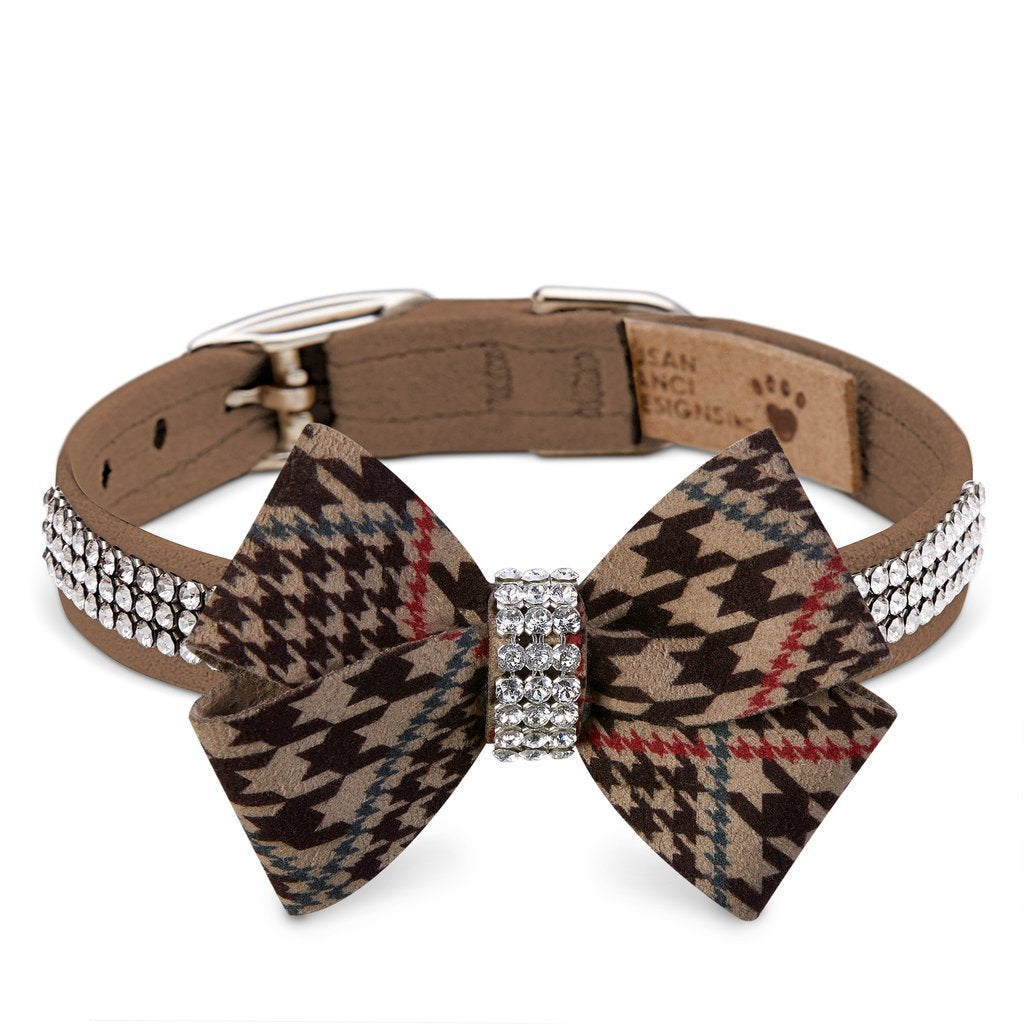 SUSAN LANCI CHOCOLATE GLEN HOUNDSTOOTH NOUVEAU BOW 3 ROW GILTMORE COLLAR