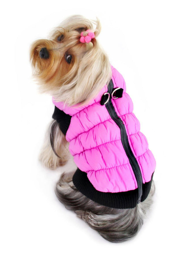 HOT PINK SCRUNCHY CROWN PUFFER VEST W/BLACK TRIM, Coats - Bones Bizzness