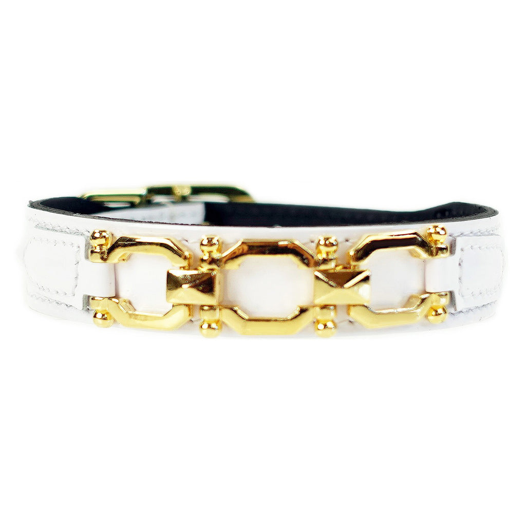 GEORGIA ROSE IN WHITE PATENT & GOLD DOG COLLAR, Collars - Bones Bizzness