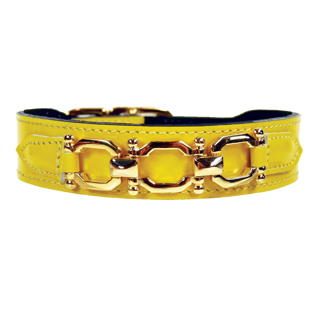 GEORGIA ROSE IN BRIGHT YELLOW PATENT & GOLD DOG COLLAR, Collars - Bones Bizzness