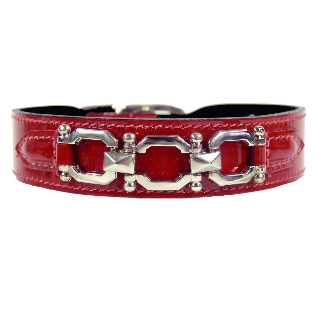 GEORGIA ROSE IN RED PATENT & NICKEL DOG COLLAR, Collars - Bones Bizzness