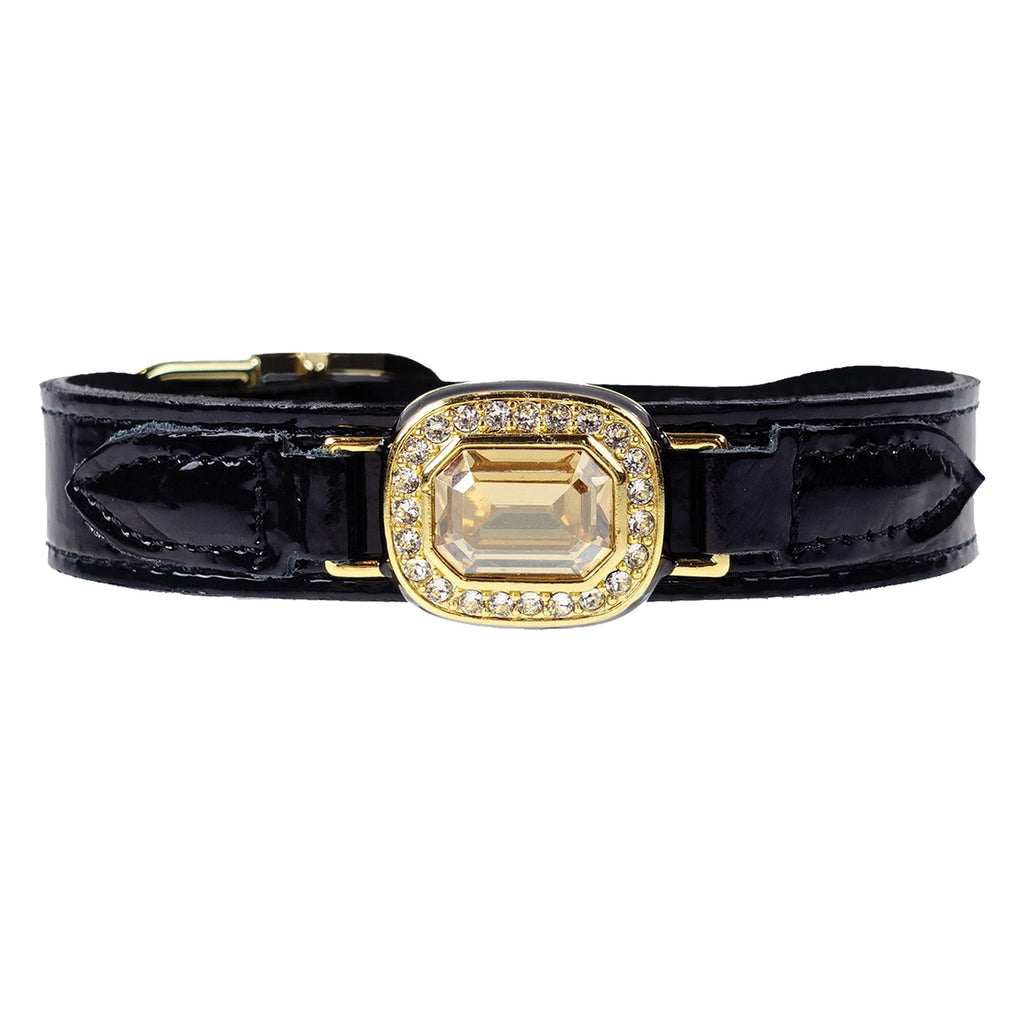HAUTE COUTURE OCTAGON IN BLACK PATENT & GOLDEN SHADOW DOG COLLAR, Collars - Bones Bizzness