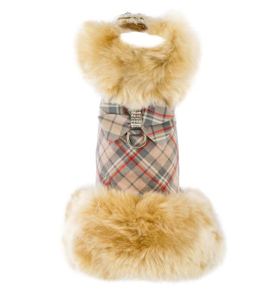 DOE PLAID NOUVEAU BOW CHAMPAGNE FOX FUR DOG COAT