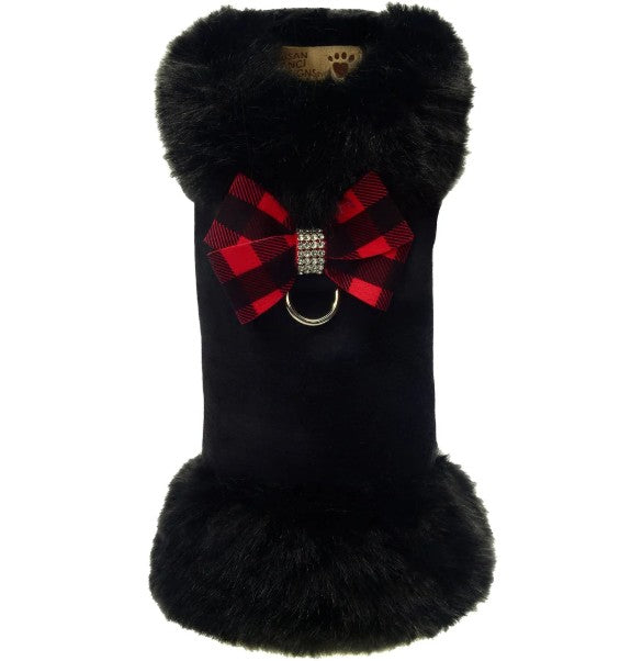 RED GINGHAM NOUVEAU BOW BLACK FOX FUR DOG COAT