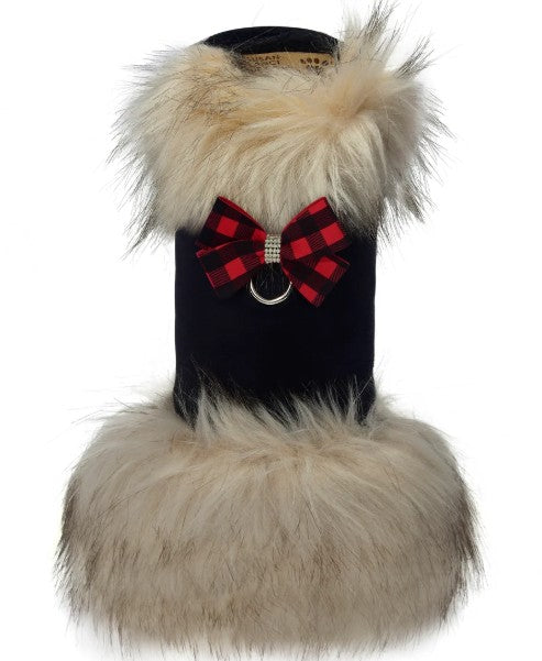 RED GINGHAM NOUVEAU BOW IVORY FOX FUR DOG COAT
