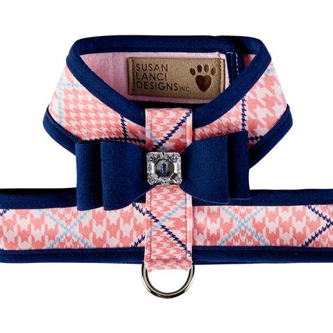 BIG BOW TWO-TONE TINKIE HARNESS- HOUNDSTOOTH PEACHES N CREAM & NAVY BOW/TRIM