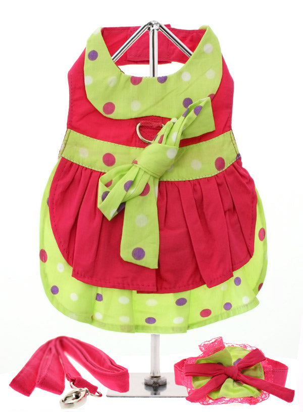 HOT PINK & POLKA DOG HARNESS DRESS, LEASH & HAT, DRESS - Bones Bizzness