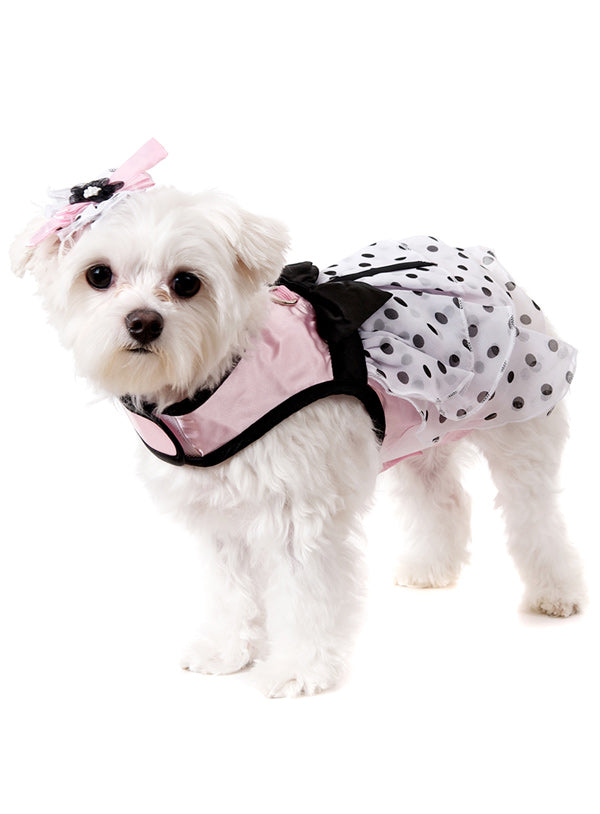 PINK SATIN & HEARTS CHIFFON DOG HARNESS DRESS, LEASH & HAT, DRESS - Bones Bizzness