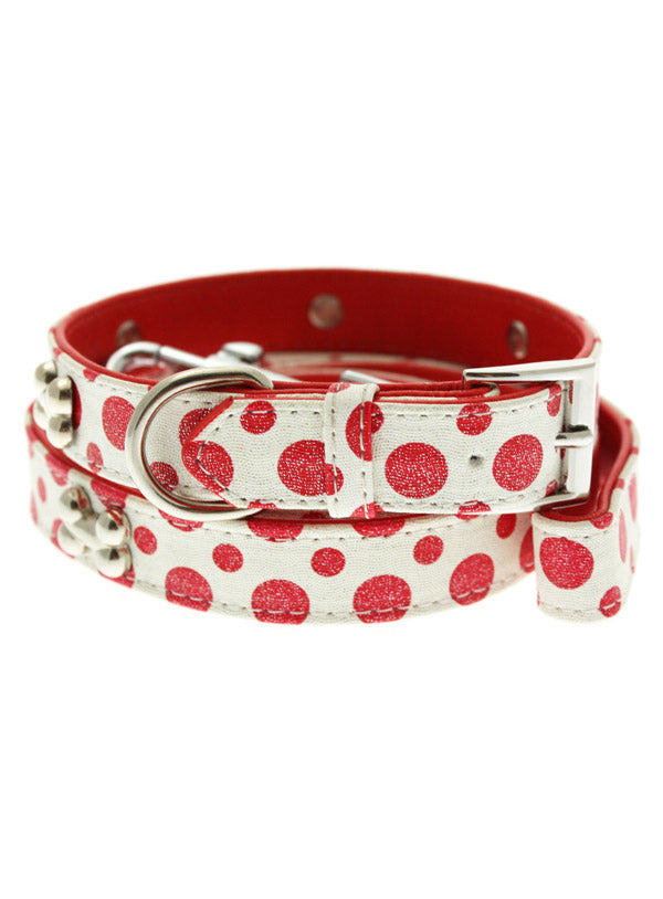 RED & WHITE GLITTER LEATHER POLKA DOT DOG COLLAR & LEASH SET