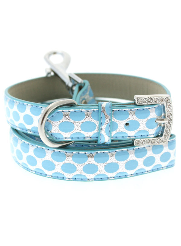 SILVER & BLUE GLITTER LEATHER POLKA DOT DOG COLLAR & LEASH SET, Collars - Bones Bizzness