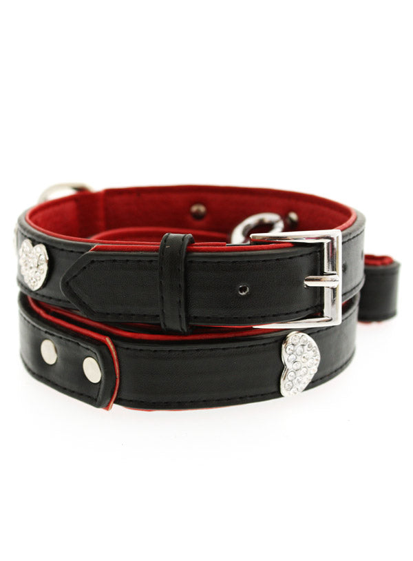 RED/BLACK DIAMANTE LEATHER & HEART DOG COLLAR & LEASH SET, Collars - Bones Bizzness