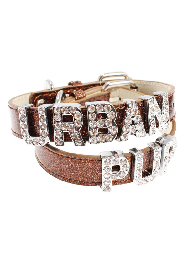 GLITTER BROWN LEATHER PERSONALIZED DOG COLLAR, Collars - Bones Bizzness