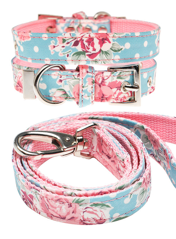 VINTAGE ROSE FLORAL FABRIC DOG COLLAR & LEASH SET, Collars - Bones Bizzness