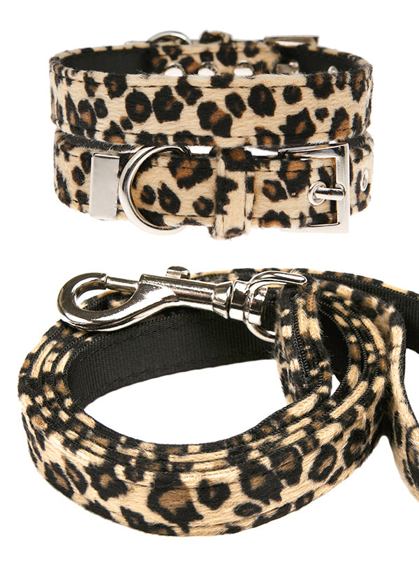 LEOPARD PRINT FABRIC DOG COLLAR & LEASH SET