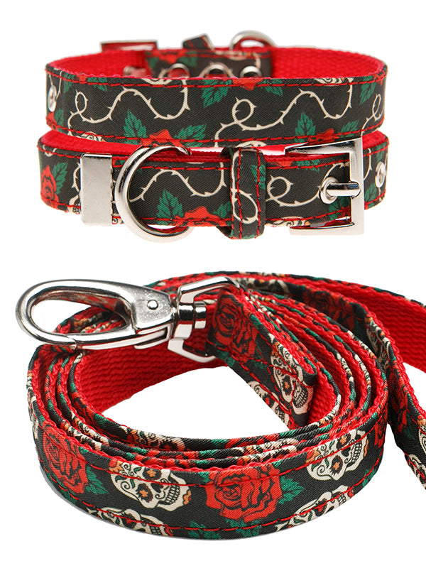 SKULL & ROSES FABRIC DOG COLLAR & LEASH SET, Collars - Bones Bizzness