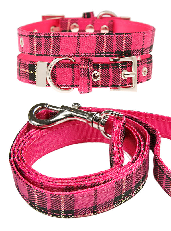 FUSCHIA PINK TARTAN FABRIC DOG COLLAR & LEASH SET, Collars - Bones Bizzness