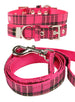 FUSCHIA PINK TARTAN FABRIC DOG COLLAR & LEASH SET, Collars - Bones Bizzness