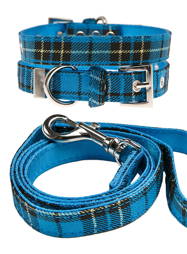 BLUE TARTAN FABRIC DOG COLLAR & LEASH SET, Collars - Bones Bizzness