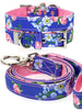 BLUE/PINK FLORAL FABRIC DOG COLLAR & LEASH SET, Collars - Bones Bizzness