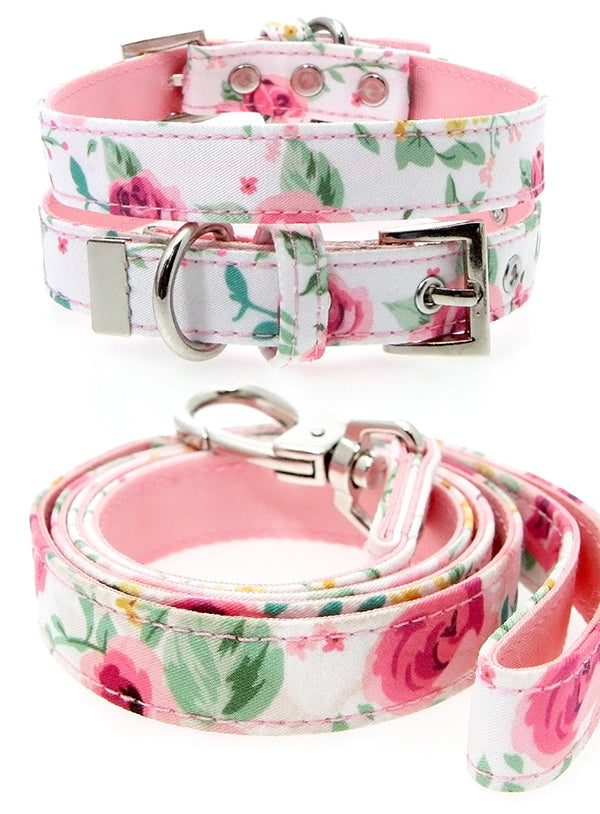 PINK FLORAL CASCADE FABRIC DOG COLLAR & LEASH SET, Collars - Bones Bizzness