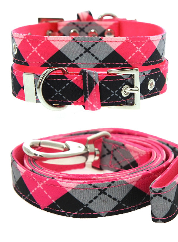 PINK ARGYLE DOG COLLAR & LEASH SET, Collars - Bones Bizzness