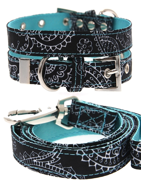 BLACK & BLUE PAISLEY DOG COLLAR & LEASH SET, Collars - Bones Bizzness