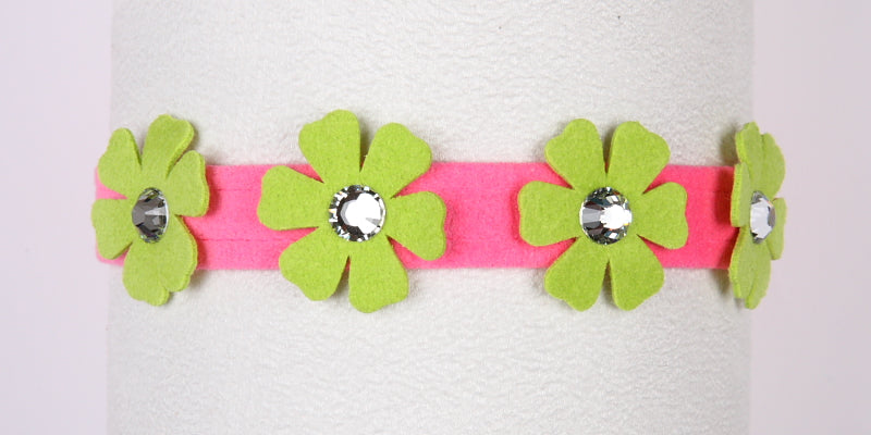 PRETTY PETUNIA CRYSTAL DOG COLLAR 1/2" - PERFECT PINK W/KIWI, Collars - Bones Bizzness