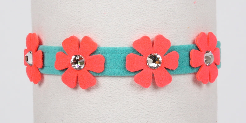 PRETTY PETUNIA CRYSTAL DOG COLLAR 1/2" - BIMINI BLUE W/ELECTRIC PINK, Collars - Bones Bizzness