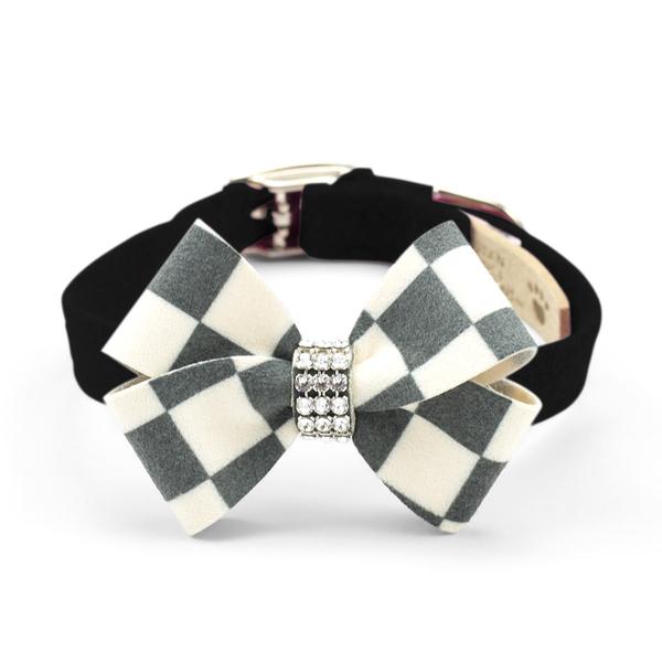WINDSOR CHECK NOUVEAU BOW DOG COLLAR - BLACK, Collars - Bones Bizzness