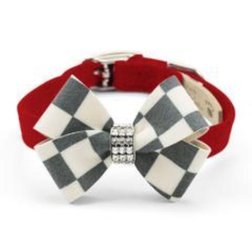 WINDSOR CHECK NOUVEAU BOW DOG COLLAR - RED, Collars - Bones Bizzness