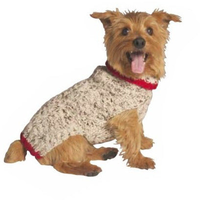 OATMEAL W/RED TRIM CABLE KNIT DOG SWEATER - Bones Bizzness