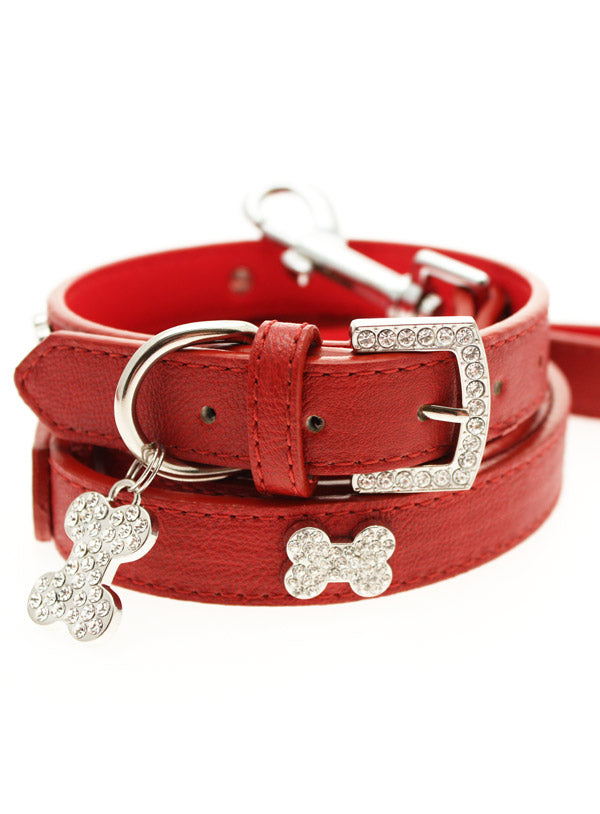 RED DIAMANTE LEATHER & CHARM DOG COLLAR & LEASH SET, Collars - Bones Bizzness