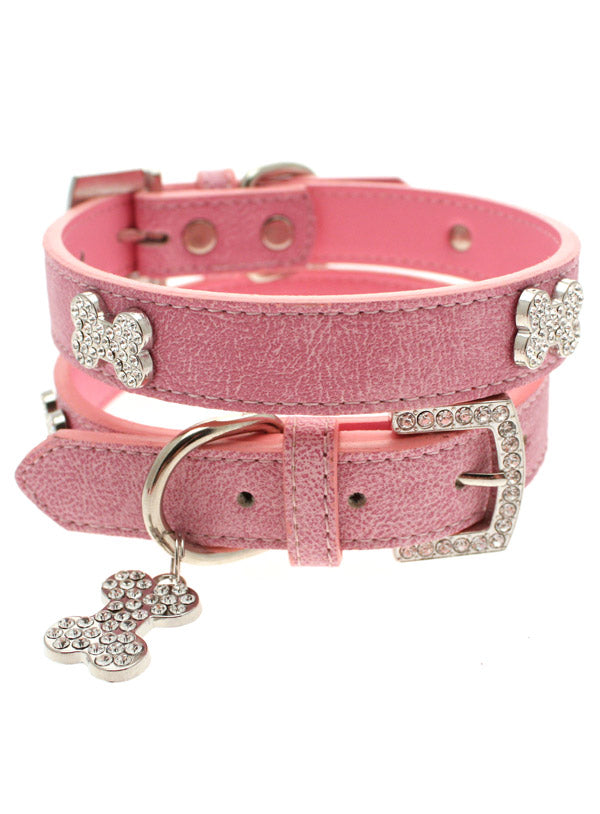 PINK DIAMANTE LEATHER & CHARM DOG COLLAR & LEASH SET, Collars - Bones Bizzness