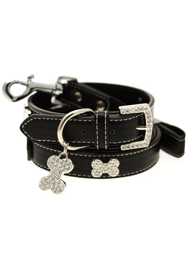 BLACK DIAMANTE LEATHER & CHARM DOG COLLAR & LEASH SET, Collars - Bones Bizzness