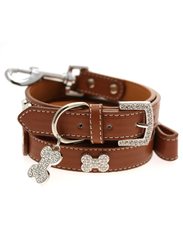 BROWN DIAMANTE LEATHER & CHARM DOG COLLAR & LEASH SET, Collars - Bones Bizzness