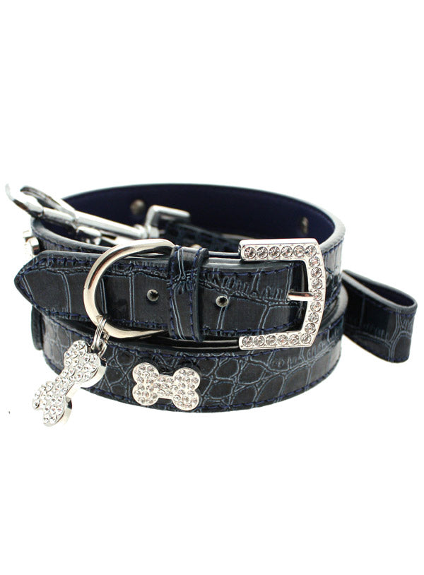 BLUE CROCODILE DIAMANTE LEATHER & CHARM DOG COLLAR & LEASH SET, Collars - Bones Bizzness