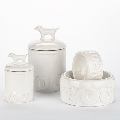 WHITE WOOF DOG BOWLS & TREAT JARS, Bowls - Bones Bizzness