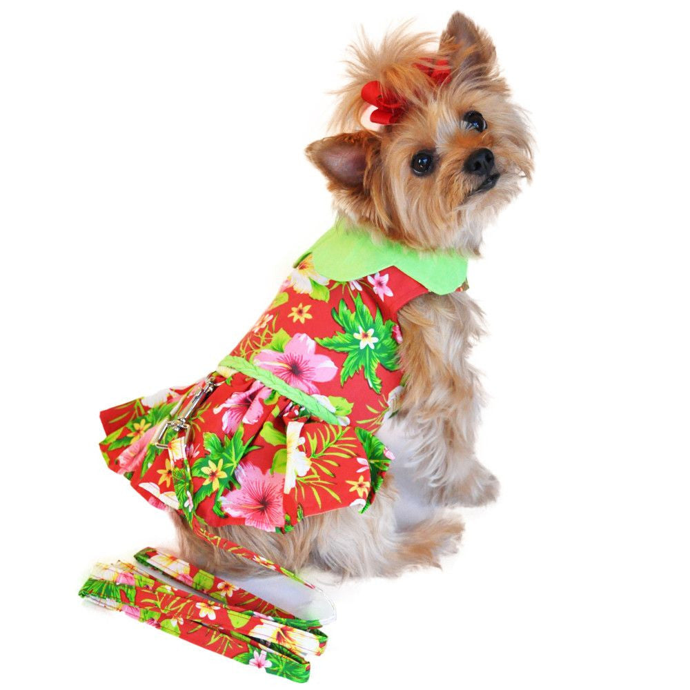 HAWAIIAN RED HIBISCUS DESIGNER DOG DRESS WITH MATCHING LEASH, Dress - Bones Bizzness