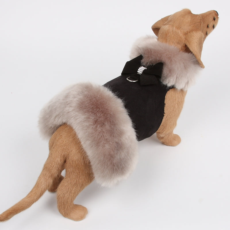 NOUVEAU BOW SOFT SILVER FOX FUR DOG COAT- BLACK, Coats - Bones Bizzness