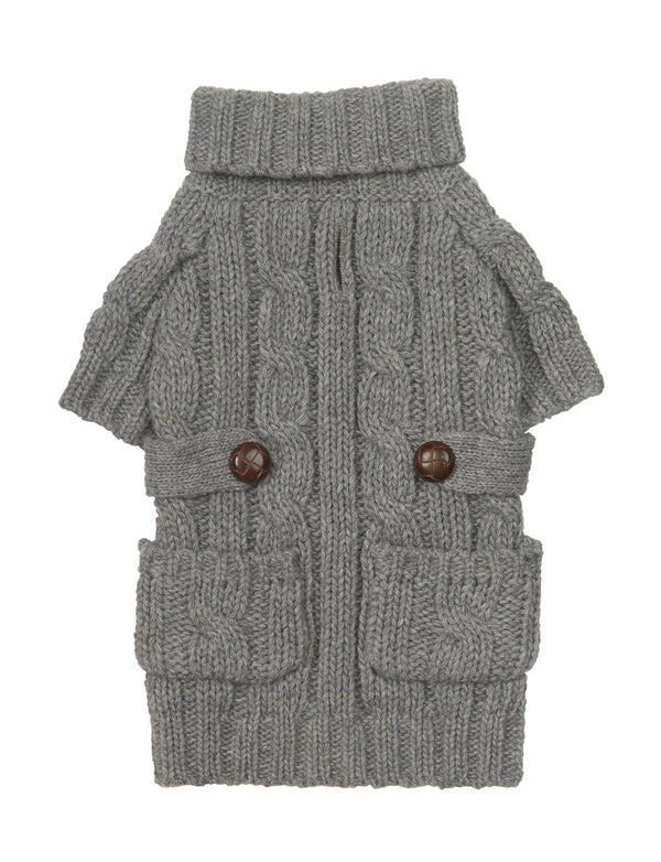 GRAY POCKET CABLE KNIT DOG SWEATER, Sweaters - Bones Bizzness