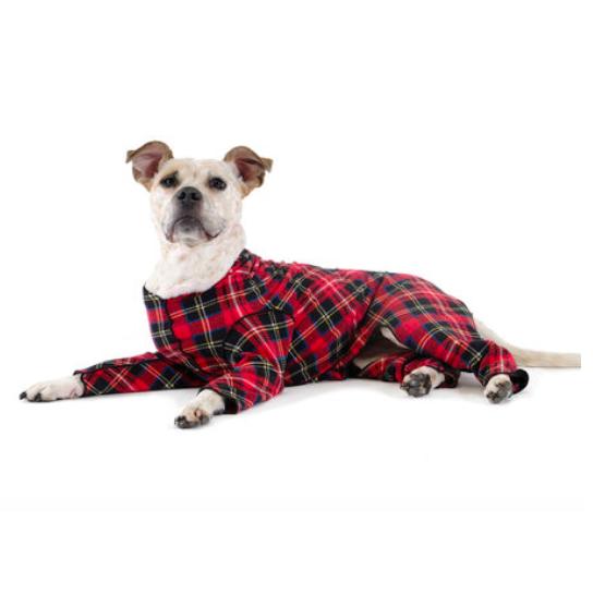 STRETCH FLEECE ONESIE DOG FLEECE - RED TARTAN