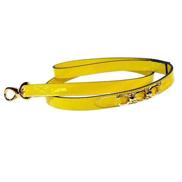 GEORGIA ROSE DOG LEAD IN BRIGHT YELLOW PATENT & GOLD, Leash - Bones Bizzness