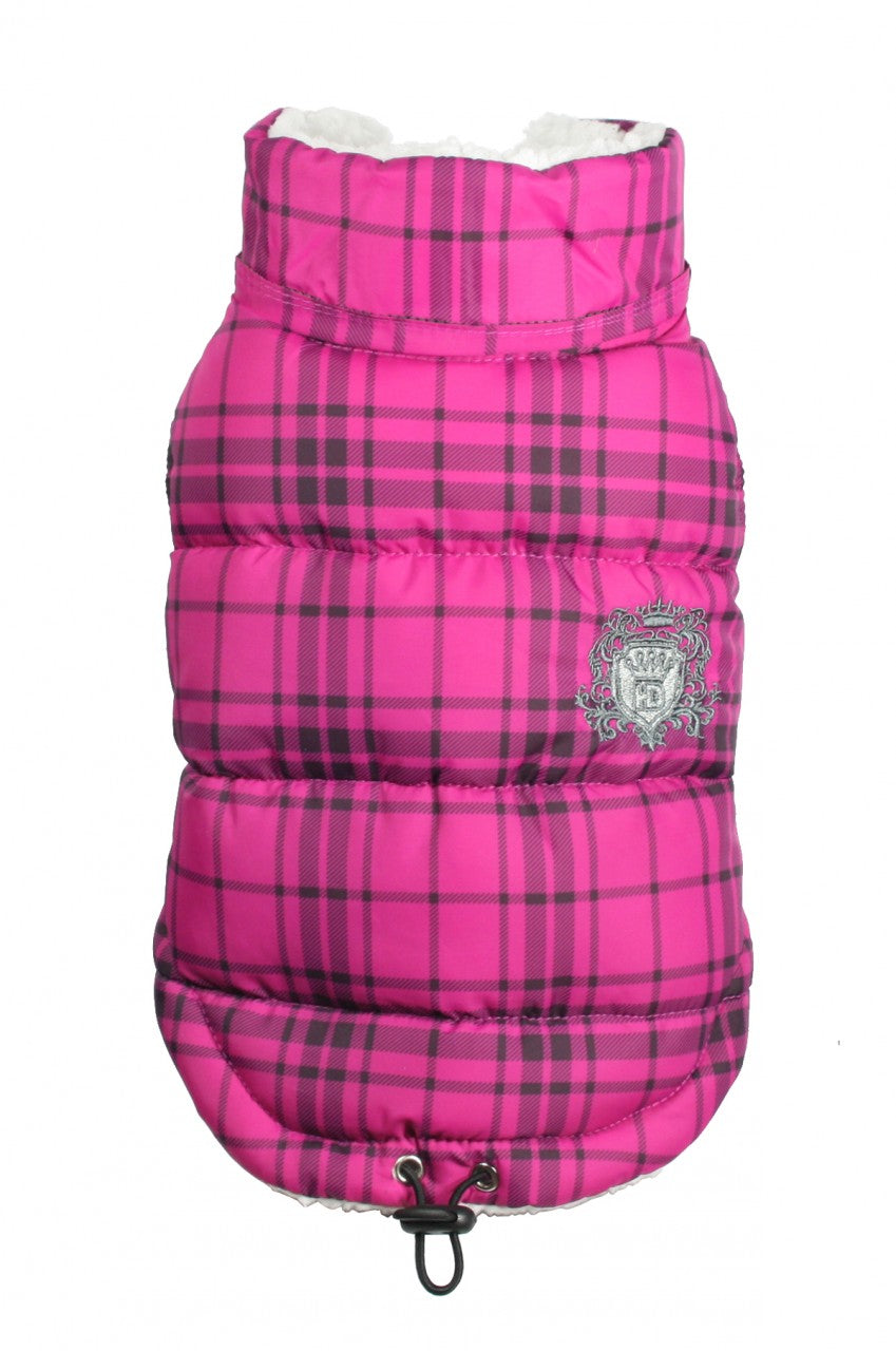 PINK PLAID SHEARLING PUFFER VEST COAT, Coats - Bones Bizzness