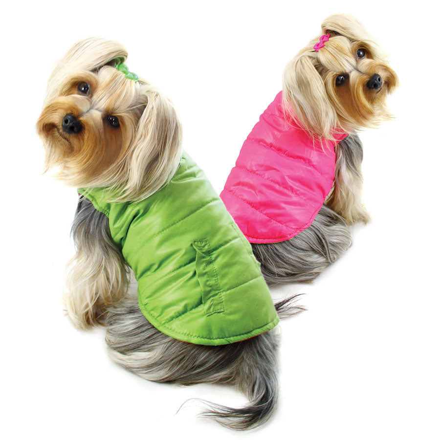 REVERSIBLE PARKA VEST W/ RUFFLE TRIM DOG COAT - LIME/PINK, Coats - Bones Bizzness