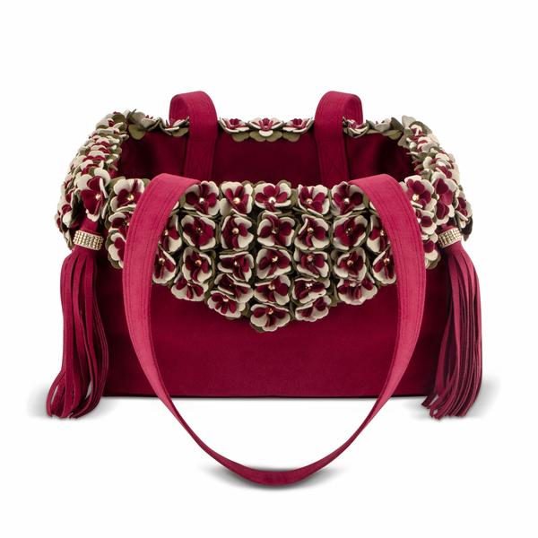 BURGUNDY LUXURY PURSE FALLING LEAVES DOG CARRIER - BY SUSAN LANCI, Carriers - Bones Bizzness