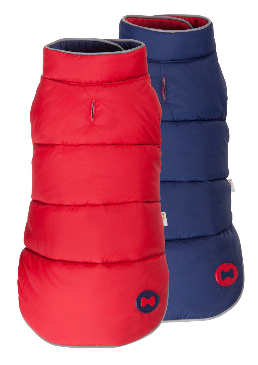 NAVY/RED REVERSIBLE BONE PUFFER DOG COAT, Coats - Bones Bizzness