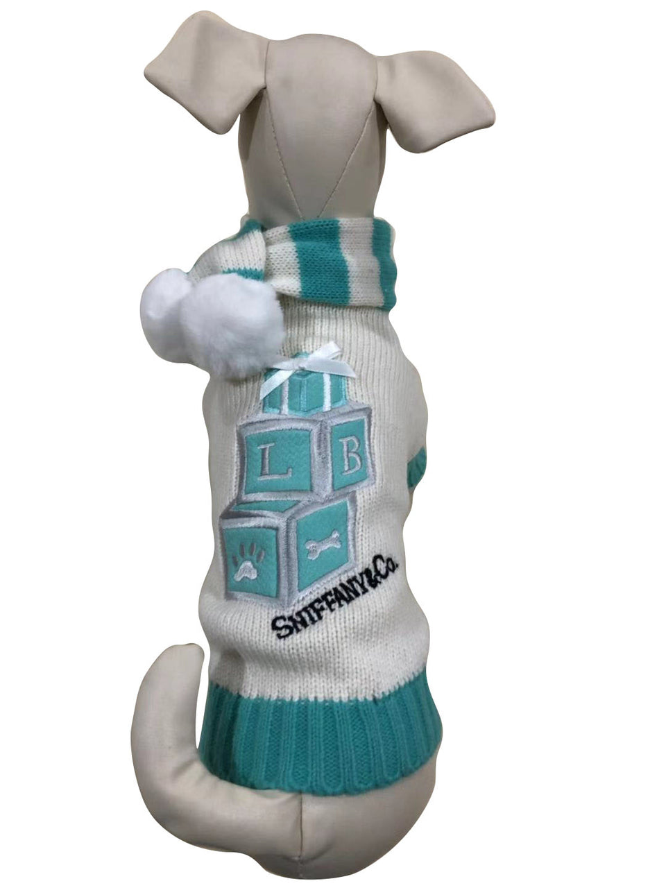 SNIFFANY BLOCKS DOG SWEATER WITH POMPOM SCARF